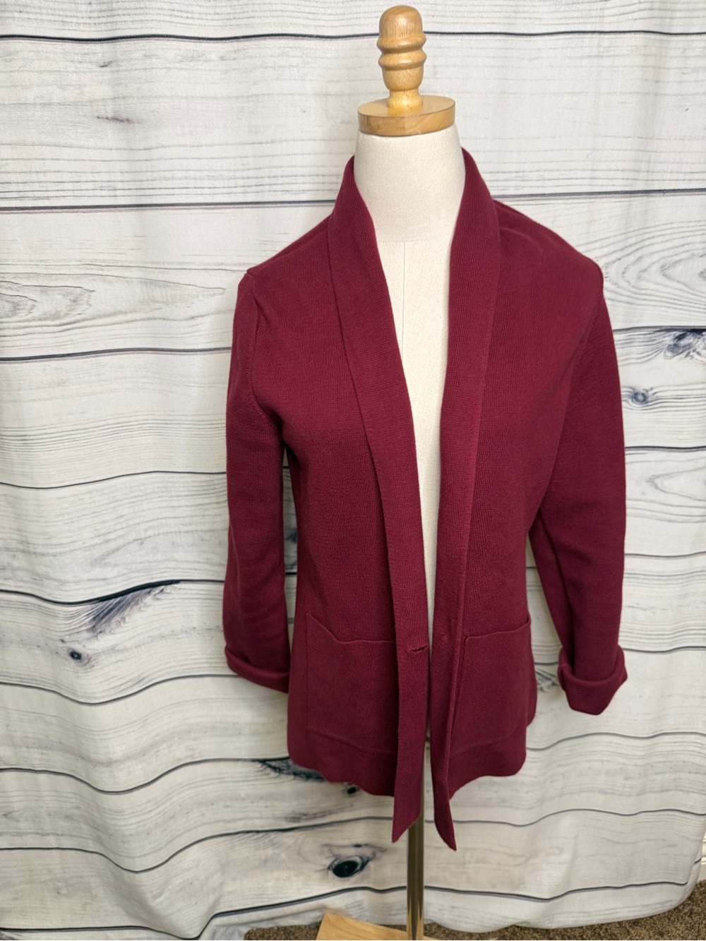 summersalt Burgundy Shawl Collar Cardigan, one button, pockets